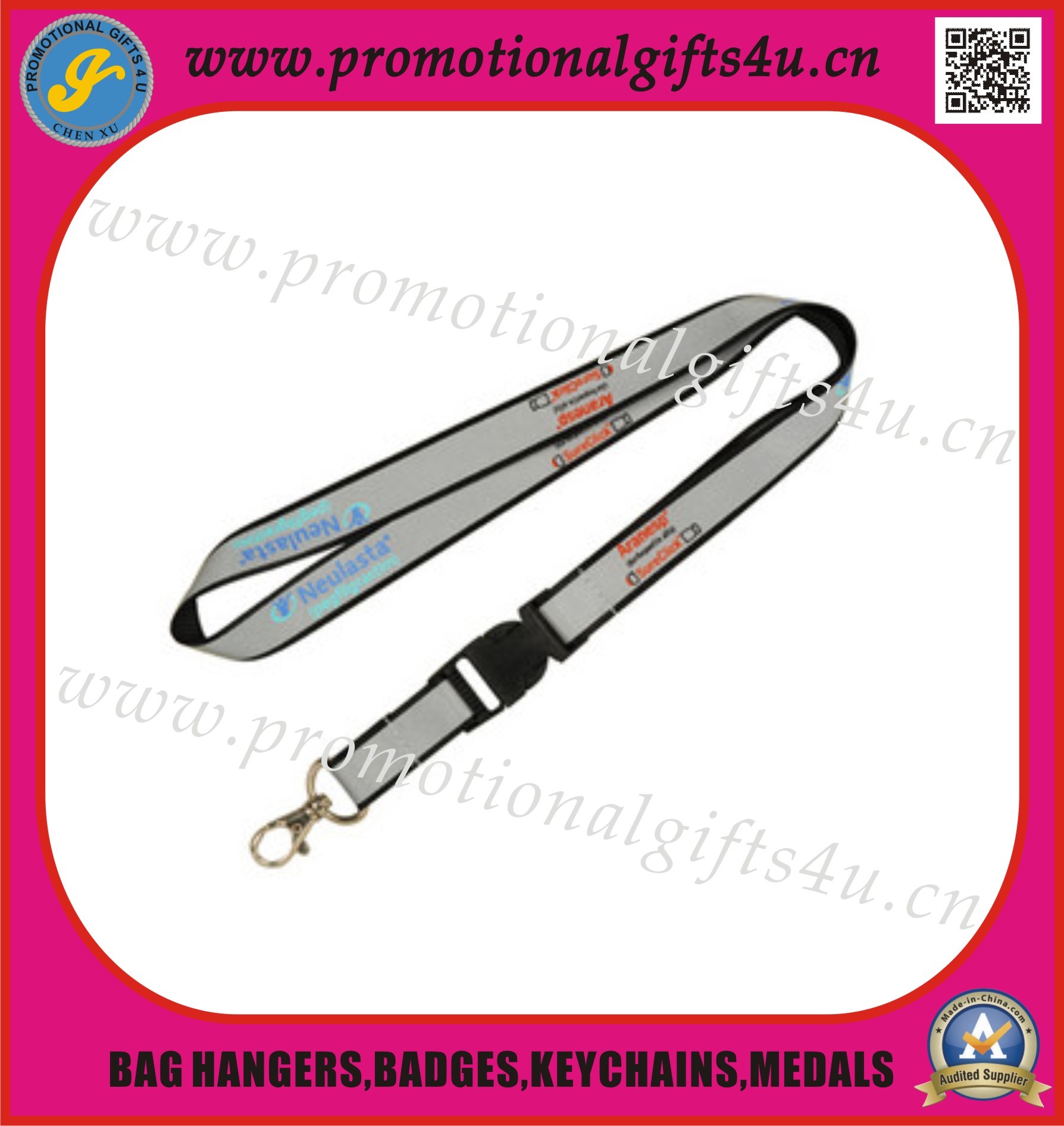 Quality Reflextive Polyester Lanyard with Metal Hook and Plastic Buckle for sale