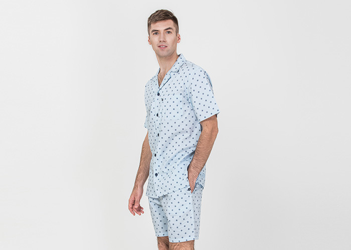 Quality Anti Shrink Mens Button Down Pajamas , Mens Loungewear Shorts Sets Blue Color for sale