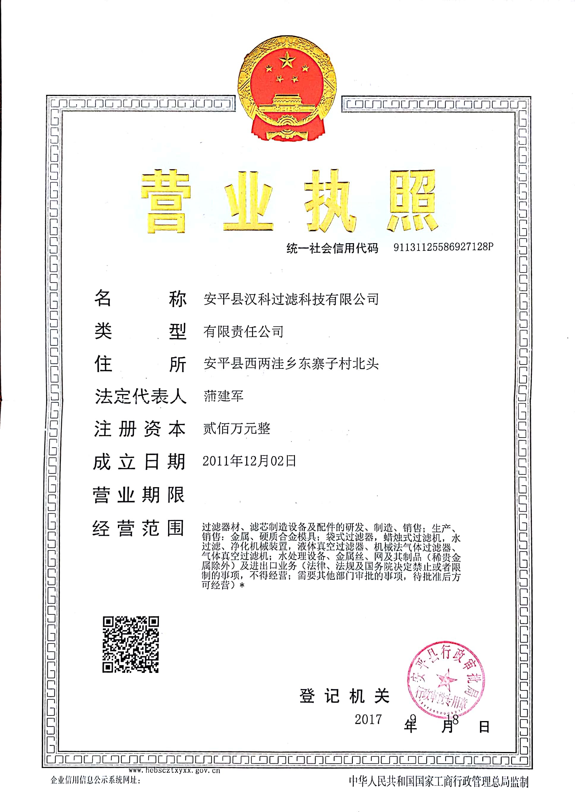 Anping Hanke Filtration Technology Co., Ltd Certifications