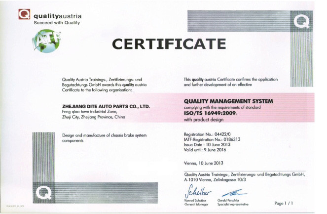 Zhejiang Dite Auto Parts Co.,Ltd Certifications