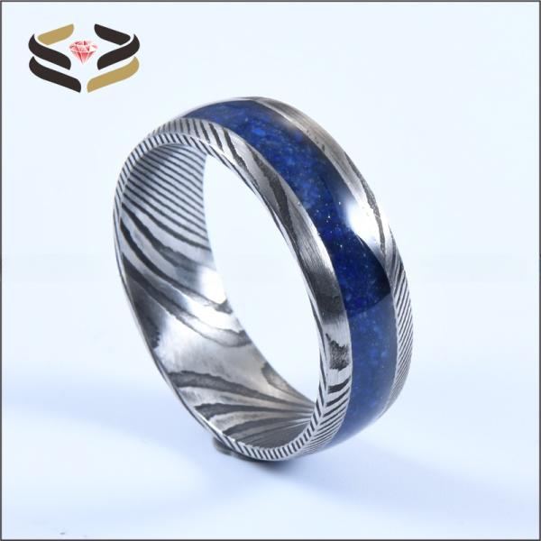 Men'S Damascus Steel Wedding Band Third Party Appraisal 8mm With Lapis Lazuli Inlay