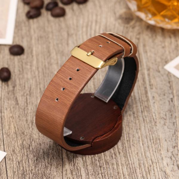 Mens Wood Brown Leather Strap Watches Custom Logo Casual Style