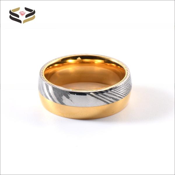 Men Gold Silver Two Tone Damascus Steel Wedding Band 8mm Polished with Tungsten Linner