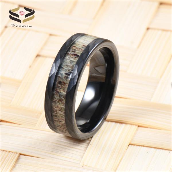 Sample Making Service Custom 8mm Hammered Black Tungsten Inlay Deer Antler Jewelry Rings Trendy Style for Men's Wedding