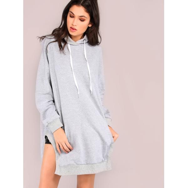 New Designs Slit Hooded Pocket Front Dropped Shoulders Sweatshirt for Women