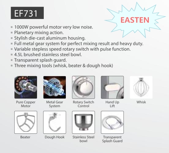 Easten 1000W Die Cast Stand Mixer EF731/ Kitchen Good Aid 8-speed Heavy Duty Stand Mixers
