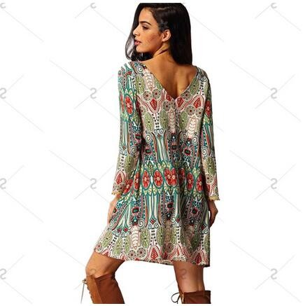 Ethnic Style Round Collar Tribal Print Tassel Women polyester Dress