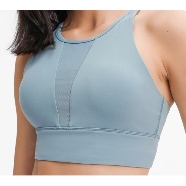 Mesh Stitching Womens Sports Bra Pull Round High Neck Gathered Shockproof