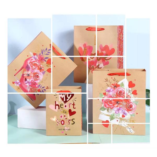 Ribbon Handle Christmas Kraft Paper Bags Decorating Paper Bag For Valentine'S Day