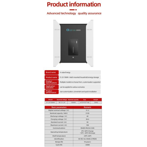 Light Weight Home Use Wall Mounted Energy Strorage System 52V 100ah