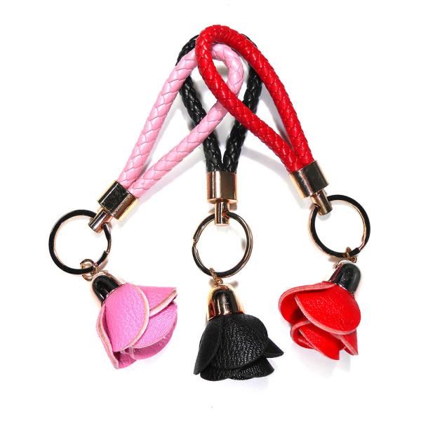 Buy ROHS Leather Flower Keychain , Gold Plating Rose Flower Keychain at wholesale prices