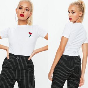 Quality White Rose Embroidered Crop T Shirt Clothing Women for sale