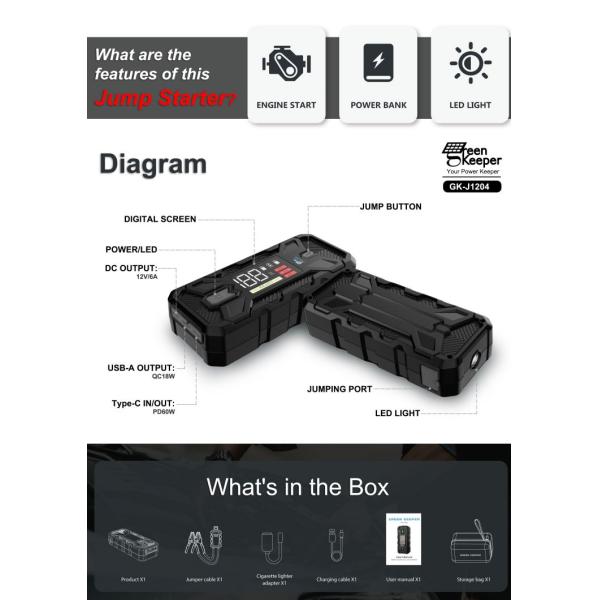 12V 20000mAh 1500A Multi-function Portable Emergency Car Power Bank Jump Starter Battery