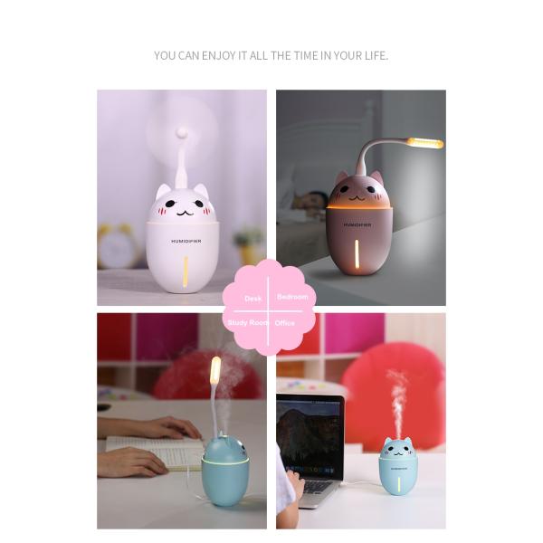 3 in 1 320ML USB Air Humidifier Ultrasonic Cool-Mist Adorable Pet Mini Humidifier With LED Light Mini USB Fan