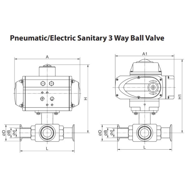 L T Pattern 3 Way Tri Clamp Ball Valve With Pneumatic Actuator