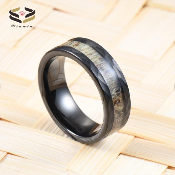 Sample Making Service Custom 8mm Hammered Black Tungsten Inlay Deer Antler Jewelry Rings Trendy Style for Men's Wedding