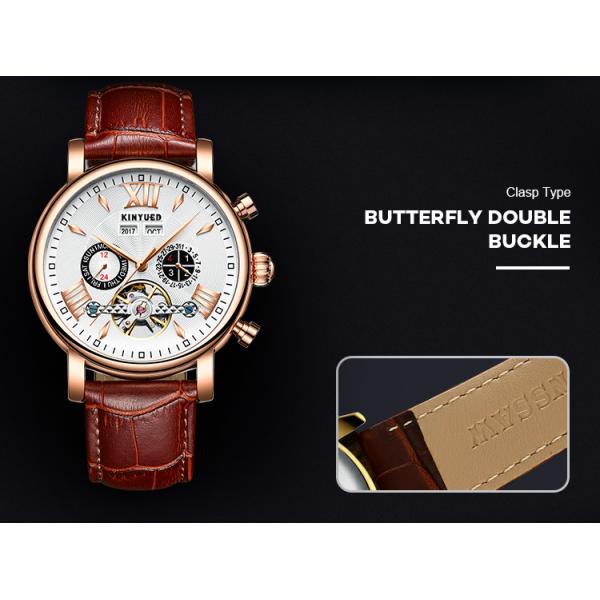 KINYUED J017-1 White Dial Gold Case Leather Strap Complete Calendar Skeleton Automatic Mechanical relojes Watch
