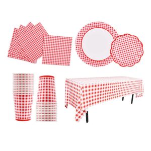 China Girls Baby Shower Disposable Party Supplies Red Gingham Praty Tableware on sale