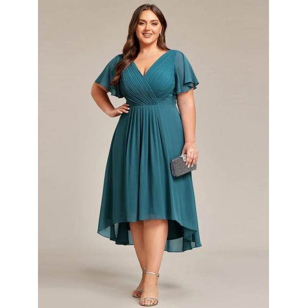 Chic V-neck High-low Short Flutter Sleeves A-line Ruffles Midi Invisible Zipper Dusty Navy Chiffon Wedding Evening Dress