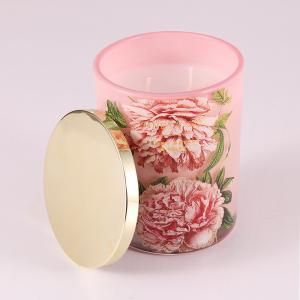 China Glass Jar Scented Candle 415g Pink Flower Printing With Metal Lid on sale