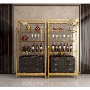 Kitchen Golden Stainless Steel Wine Cabinet Display Shelving Customized