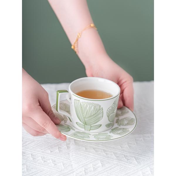 Sustainable Nordic Style Printed Flower Ceramic Coffee Cup And Saucer 200ml Volume