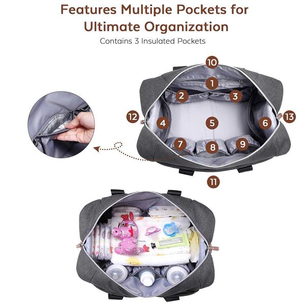 Extra Large Diaper Tote Bag Black With Pacifier Case Changing Pad 17x8x12"