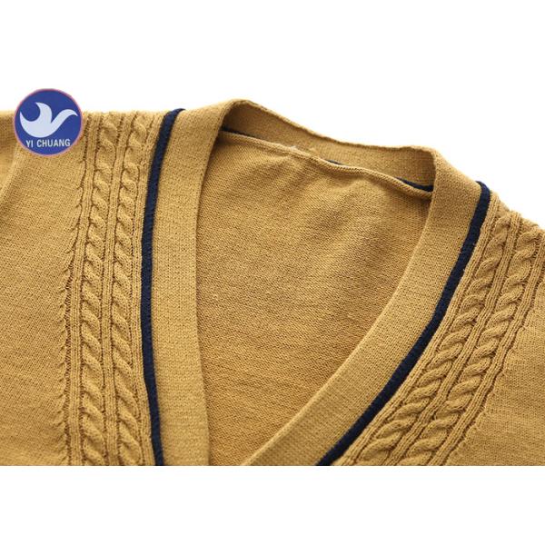 Small Cables Along Neck Brown Boys Cardigan Sweaters V Neck Long Sleeves Stripe