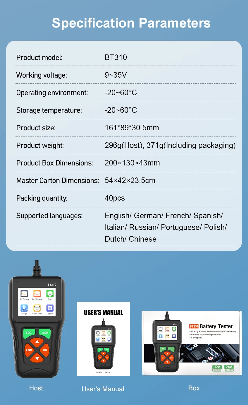 BT310 12V/24V Battery Load Tester for Lead Acid AGM GEL EFP Batteries with Cold Cranking Amps Test