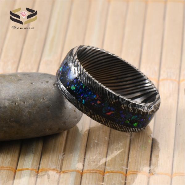 8mm Damascus Steel Wedding Band Ring Galaxy Opal Inlayed For Men