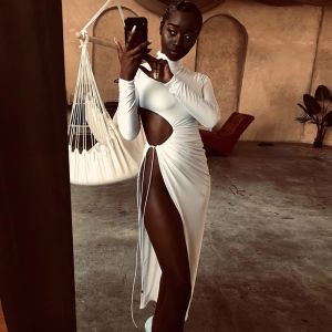 Quality Autumn C Drawstring High Neck Long Sleeve Maxi Dress for sale