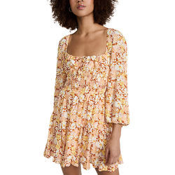 Ladies Viscose Floral Print Ruffle Hem Scoop Neck Smocked Waist Crepe Dress for Women