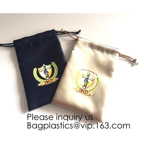 Full Color Printing Gold and Black Satin Drawstring Bag, Silver Satin Drawstring Bag With Wide Ribbon,Virgin Hair pack