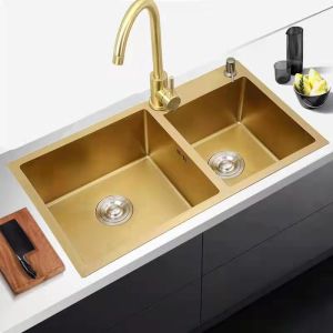 Quality Double Basin Satin Finish Matte Gold Kitchen Sink Depth 220mm for sale