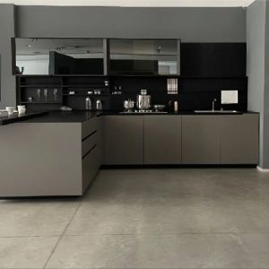 Quality Handleless Light Gray Glossy PVC Kitchen Cabinet Modern Kitchen Cabinets for sale