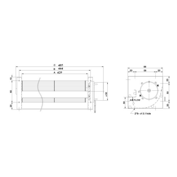 DC Motor Tubular 60mm Cross Flow Industrial Ventilation Fans 420mm length