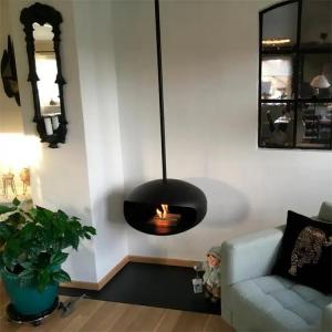 China 600mm Modern Black Roof Mounted Cocoon Hanging Suspended Bioethanol Fireplace on sale