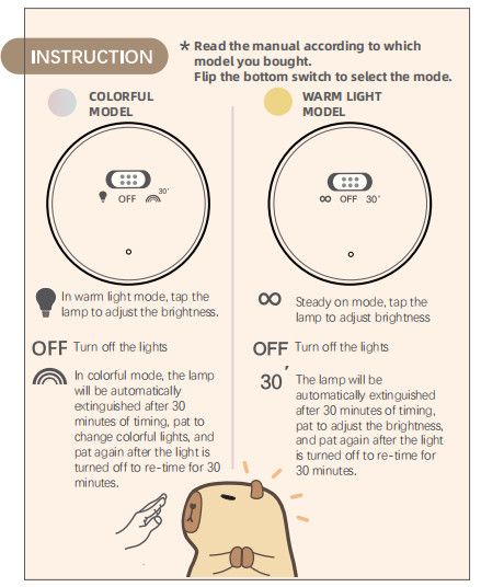 Funny Cartoon Capybara Night Light Tap Control 1200mAh Rechargeable Sleeping Night Light With 7 Changeable Color