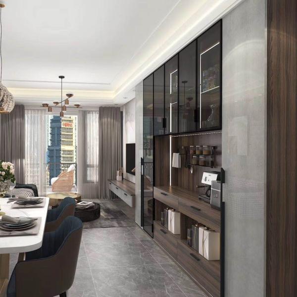 Close-up view of TV cabinet drawers with soft-close mechanism