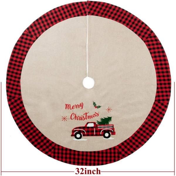 Christmas Tree Skirt Burlap 32 Inches Tree Skirt with Red and Black Plaid Border Trim for Holiday Decorations
