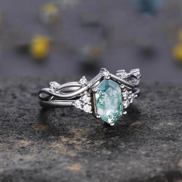 Engagement 925 Sterling Silver Hexagon Cut Natural Quartz Ring Real Green Moss Agate