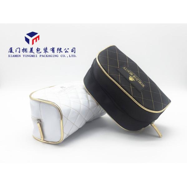 Round Corner Design Fabric Makeup Bag Black Zipper With Gold Leather Head