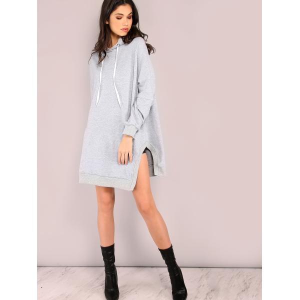 New Designs Slit Hooded Pocket Front Dropped Shoulders Sweatshirt for Women