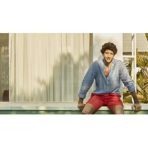 Multicolored Woven Custom Mens Casual Linen Shirts Banded Collar Standard Fit