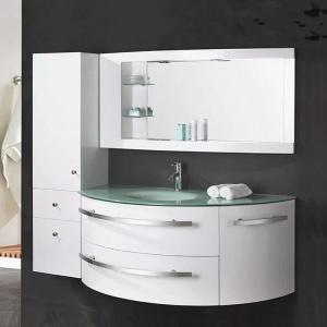China Floating Cabinet Modern Bathroom Vanity In Green Glass Top White Glossy on sale