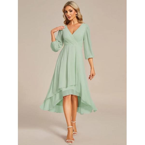 Elegant Empire Long Sleeve V-neck High Low A-line Ruffled Midi Navy Blue Chiffon Wedding Guest Evening Dress