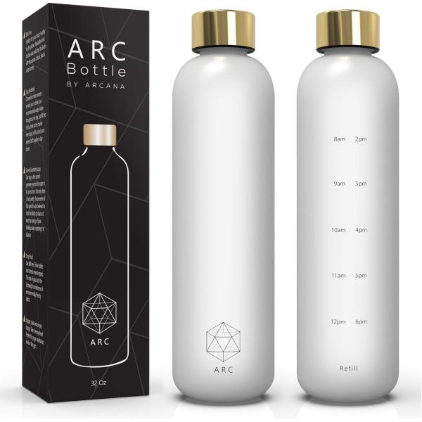 ARCANA Arc Water Bottle With Time Marker - Motivational Water Bottles With Times To Drink - BPA Free Frosted Plastic
