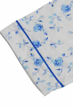 Ladies Cotton Jersey Blue Floral Printed Bath Robe Kimono Wrap Blue Piping 3/4 Sleeve