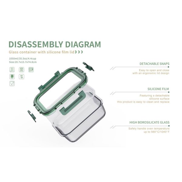1800ml Rectangular Glass Food Container with Detachable Silicone Lid