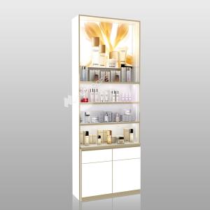 Quality Makeup Shop Rack White Wooden Skincare Cabinet With Light Box Cosmetic Display Shelf For Customized Shop Display Furniture And Compact Store Design for sale